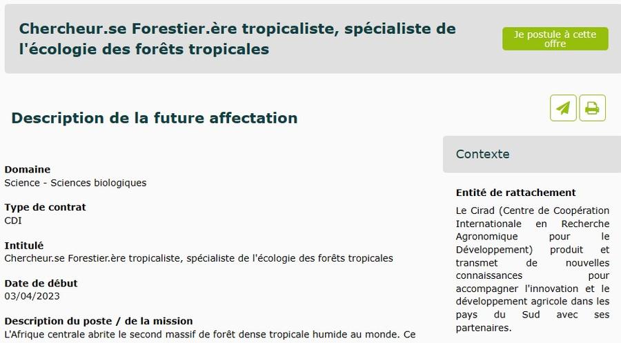 Offre d'emploi - Foresterie tropicaliste au Cirad