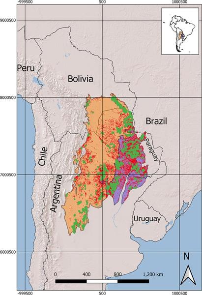The Gran Chaco consists of two large ecoregions: the Dry Chaco (orange area) and the Humid Chaco (purple area). Red dots represent burnt area during the last two decades detected by MODIS Version 6.1.